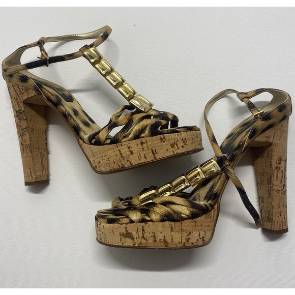 Roberto Cavalli Shoes - Roberto Cavalli Leopard Print Cork Platform Sandals High Heels T-Strap EU 36
